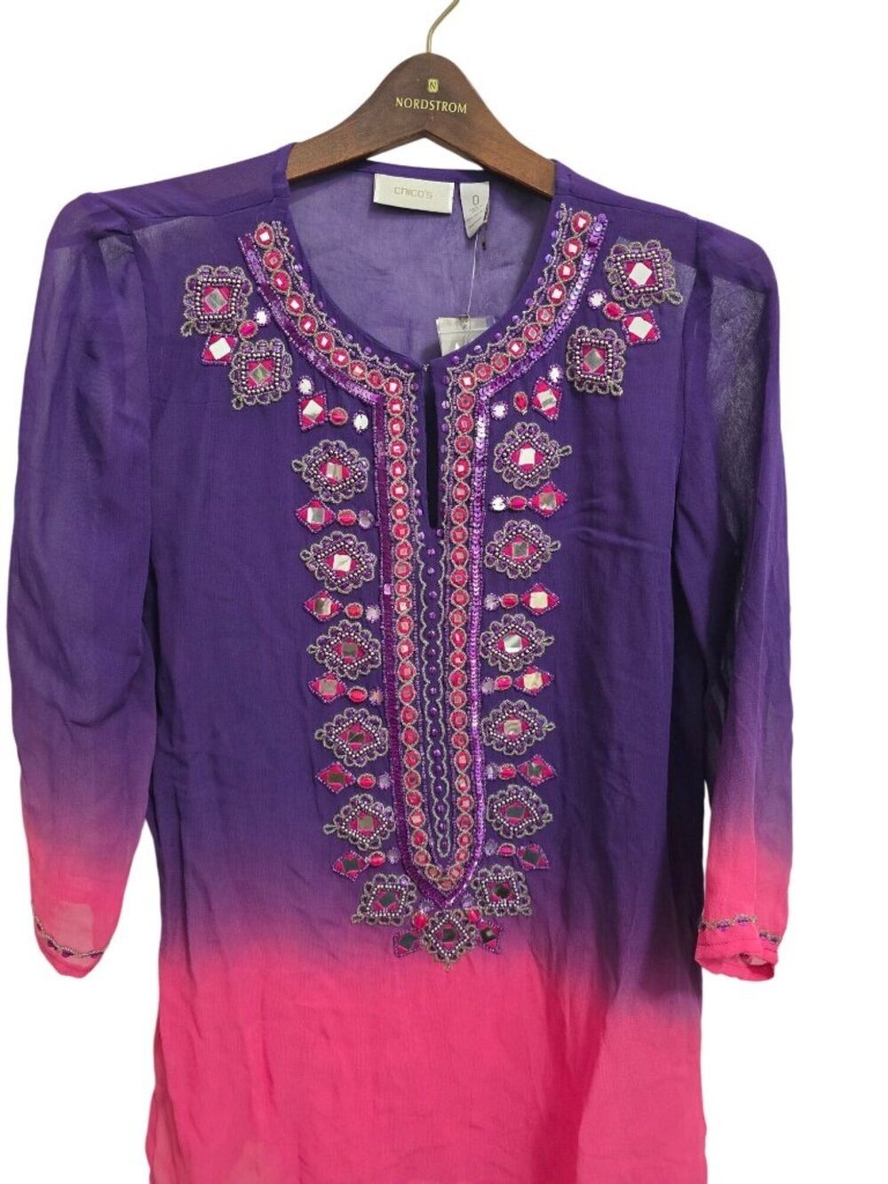 NWT Chicos Size 0 Ombre Pretty Jaida Purple Sheer Beaded Tunic Top Kaftan Resort - Picture 4 of 11